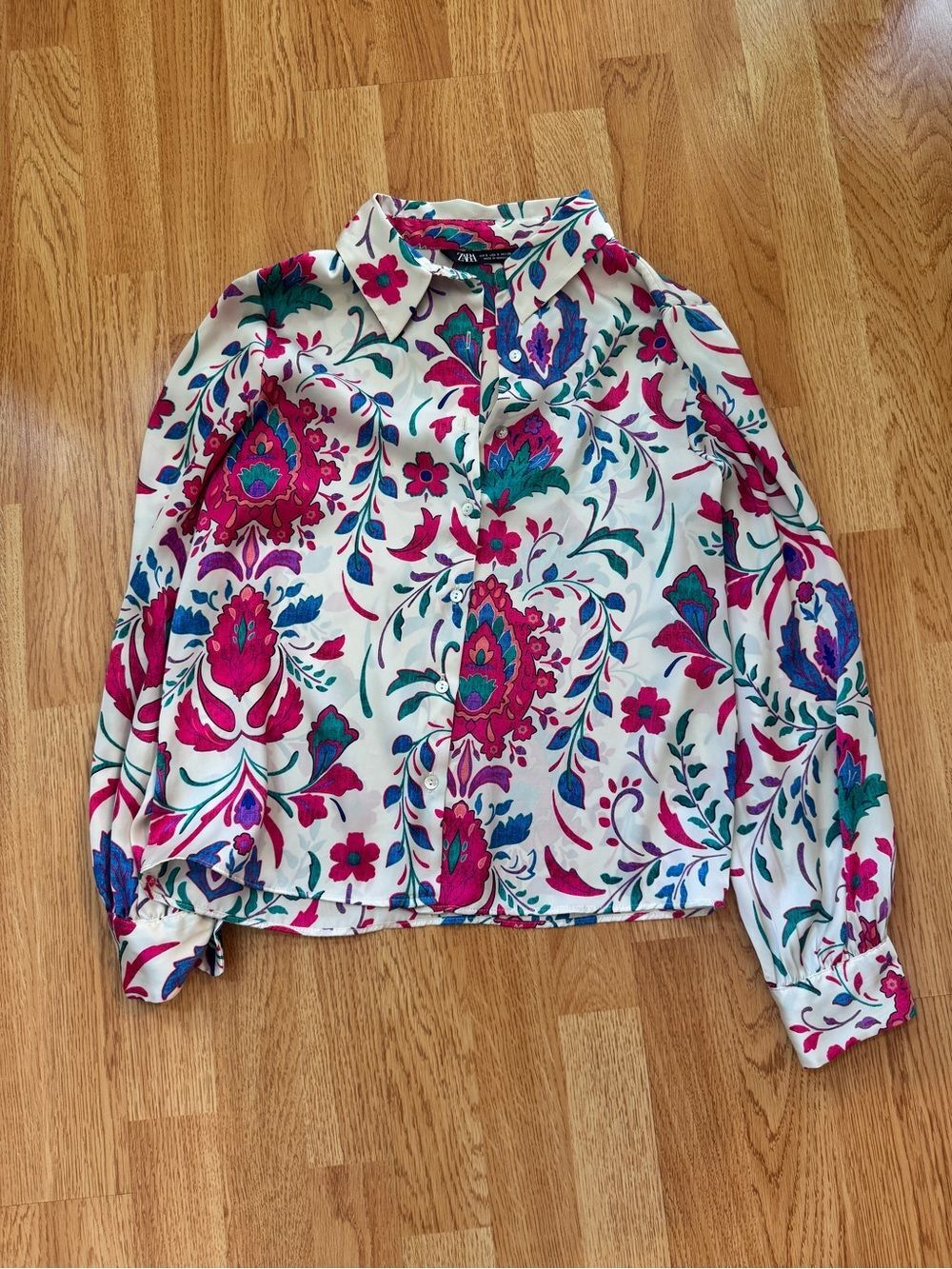 Zara Cream Blouse with Pink & Teal Floral Print NWOT